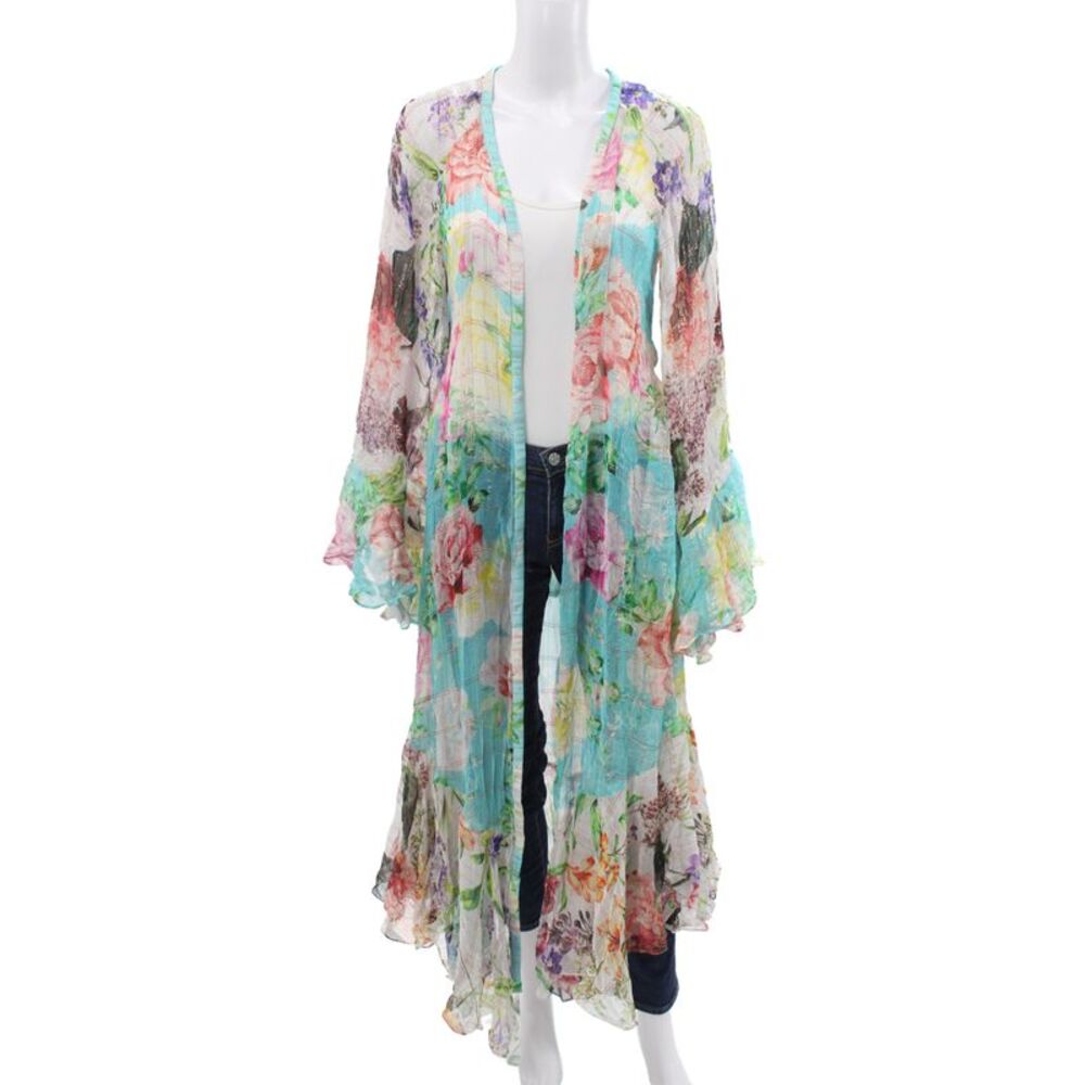 Rococo Sand Women Kimono Blouse Blue V-Neck Tie Floral Long Sleeve Size XS